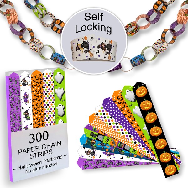 300 Halloween-Themed Paper Chain Strips for Crafting. No Glue or