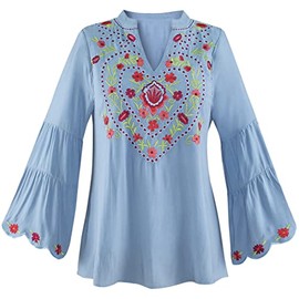 Collections Etc Feminine Embroidered Tunic Top with Long Tiered Bell Sleeves Blue