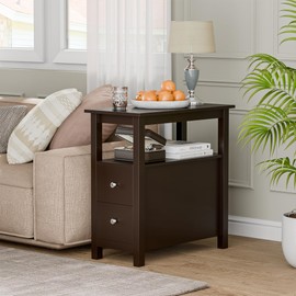 ZENY Narrow End Table Set of 2 Side Table with Drawer and Open Shelf Sofa Table for Living Room Bedroom, Small Table for Bedside, Couch, Espresso