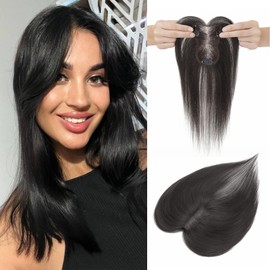 Hair Toppers for Women Real Human Hair, 360°3D Cover Clip on Bangs 8 * 11inch Handmade Base Real Clip in Toppers with Side Bangs(Natural Black,11inch)