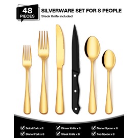 EUIRIO 48-Piece Gold Silverware Set with Steak Knives, Heavy Duty Gold Flatware Set for 8, Food-Grade Stainless Steel Tableware Cutlery Set, Gold Utensil Sets for Home Restaurant, Mirror Finish