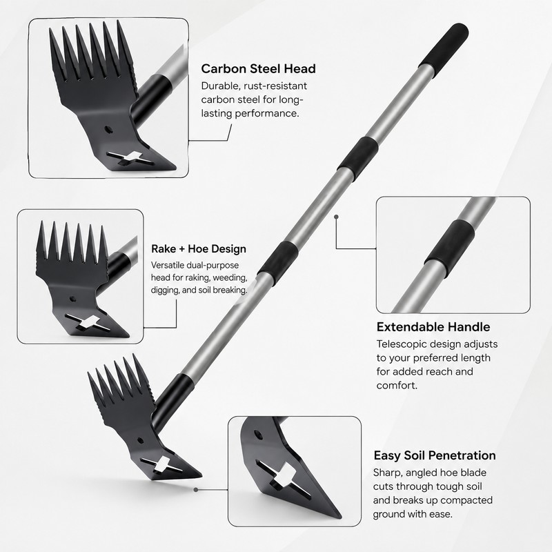 Multi-Use Garden Hoe Rake for Soil Loosening – Carbon Steel