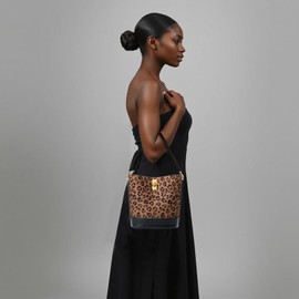 ONE2MAY Small Bucket Bag Bucket Purse for Women Shoulder Purse Crossbody Handbag Mini Faux Suede Hobo Bag (Black leopard)