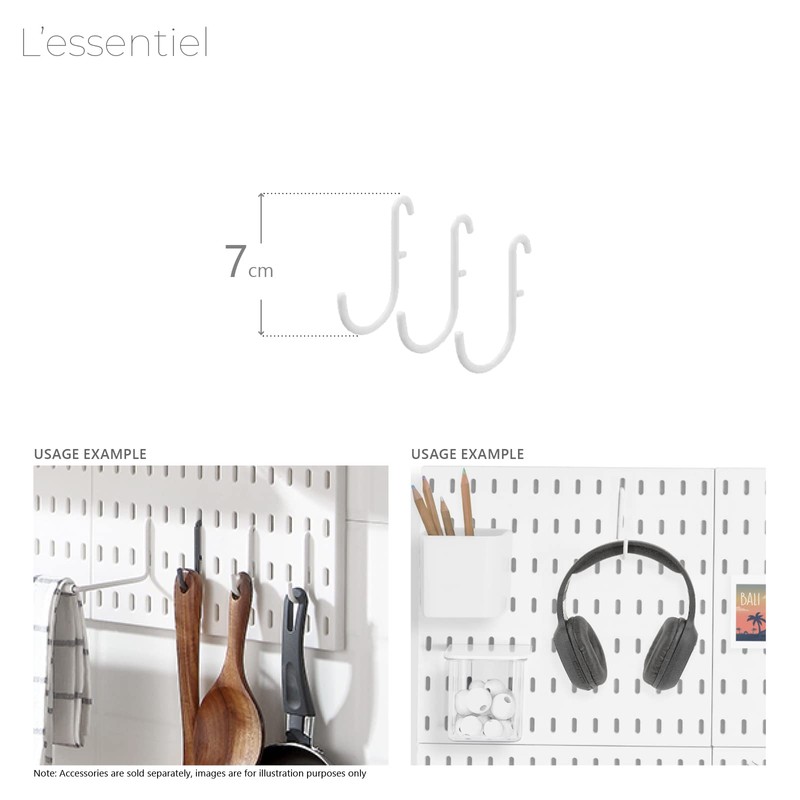 L’Essentiel Pegboard Accessories (White, 3pcs Hooks)