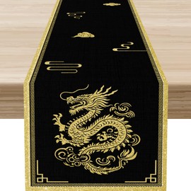 Chinoiserie Table Runner, Japanese Traditional Zodiac Dragon Vintage Asian Style Oriental Black Gold Line Print Table Runner for Home Party Kitchen Dining Table Wedding Party Decor 13"x36"