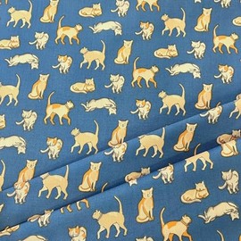 Cat Print Polycotton Fabric, Blue Background with Cat Design, 112cm/44'' Wide