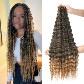 Ocean Wave Crochet Hair 24 inch 7 Packs Long Ombre Brown Deep Wave Curly Braiding Hair Soft Synthetic Curly Crochet Hair For Black Women(24 Inch, 4/30）