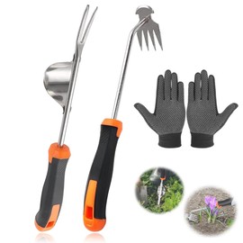 Anyingkai Gardening Hand Weed Cutter, Pack of 2 Stainless Steel Weed Remover Device with Handle, Root Weeder with Wooden Handle, Weed Puller for Digging, Weeding, Transplanting, Rooting