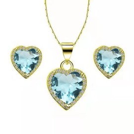 Paris Jewelry 18k Yellow Gold Heart 2Ct Created Aquamarine CZ Full Set Necklace 18 inch Plated