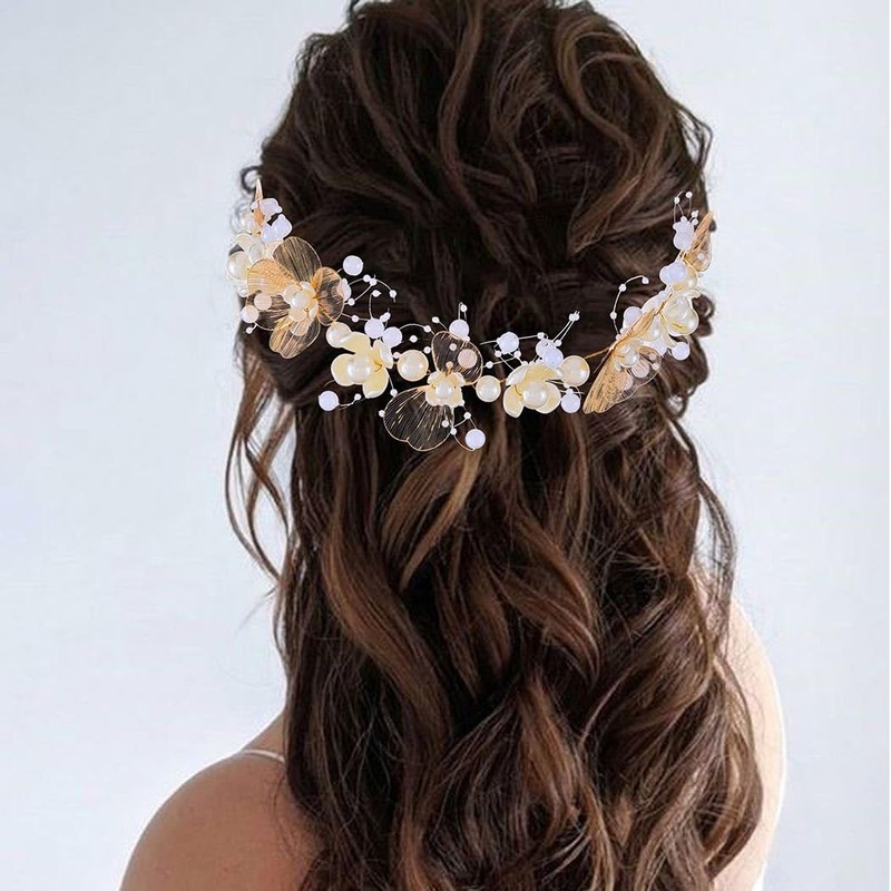 BARTOSI Bride Wedding Headband Gold Pearl Headpiece Bridal Hair Vine
