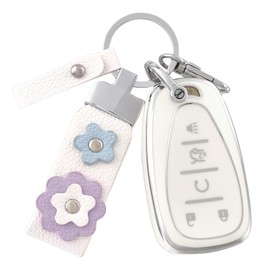 OFF WE GO for Chevy Key Fob Cover with Leather Kechain, Soft TPU Key Fob Case for Chevy Malibu Traverse Equinox Cruze Sonic Volt Spark Bolt Blazer Camaro Impala Trax Tahoe (Silver White)