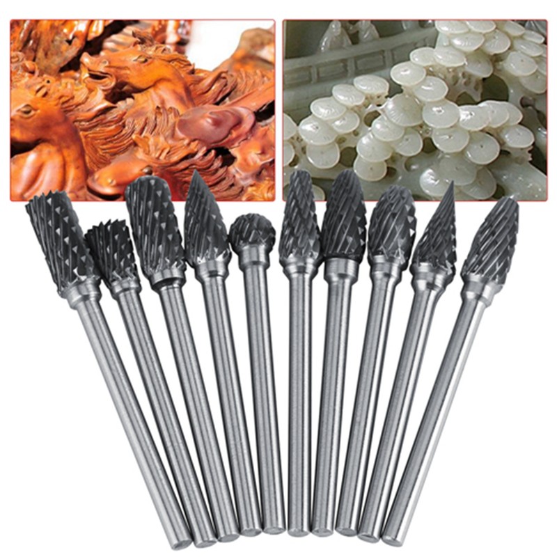 10pcs Tungsten Carbide Steel Rotary Files Burr Set 3mm Shank