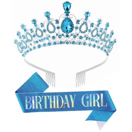 Papoopy Birthday Tiara and Crown with Sash for Women, Hair Accessories for Wedding Party Costume (B - Blue)