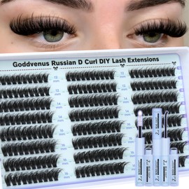 Goddvenus Lash Clusters Kit Wispy Lashes clusters Natural Fluffy Eyelashes Clusters 12mm 14mm 16mm Mixed Cluster Eyelash Extensions Kit D Curl DIY Individual Lashes Kit with Bond and Seal Lash Glue