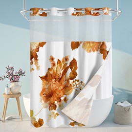 SSCRCUSLY - Cortina de ducha sin gancho con forro a presión, color naranja, floral y blanco, forro interior de tela de estilo hotel moderno para baño, 71 x 84 pulgadas