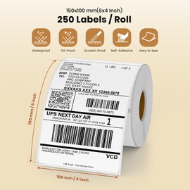 YIKIADA White Thermal Labels Vinyl 6 × 4 Inch Self-Adhesive Rectangle Stickers Roll Waterproof Printer Decals Shipping Tag for QR Code DIY Office Address 250 PCS