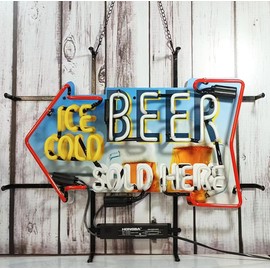 Neon Signs Bedroom Ice Cold Beer Sold Here Glass Neon Signs for Office Pub High Definition Jet Graphic Printing Board Neon Light Art Wall Lights 24 X 20 Inches