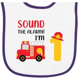 inktastic Sound the Alarm I'm 1 Fire Truck Baby Terry Cloth Bib White and Purple 45818