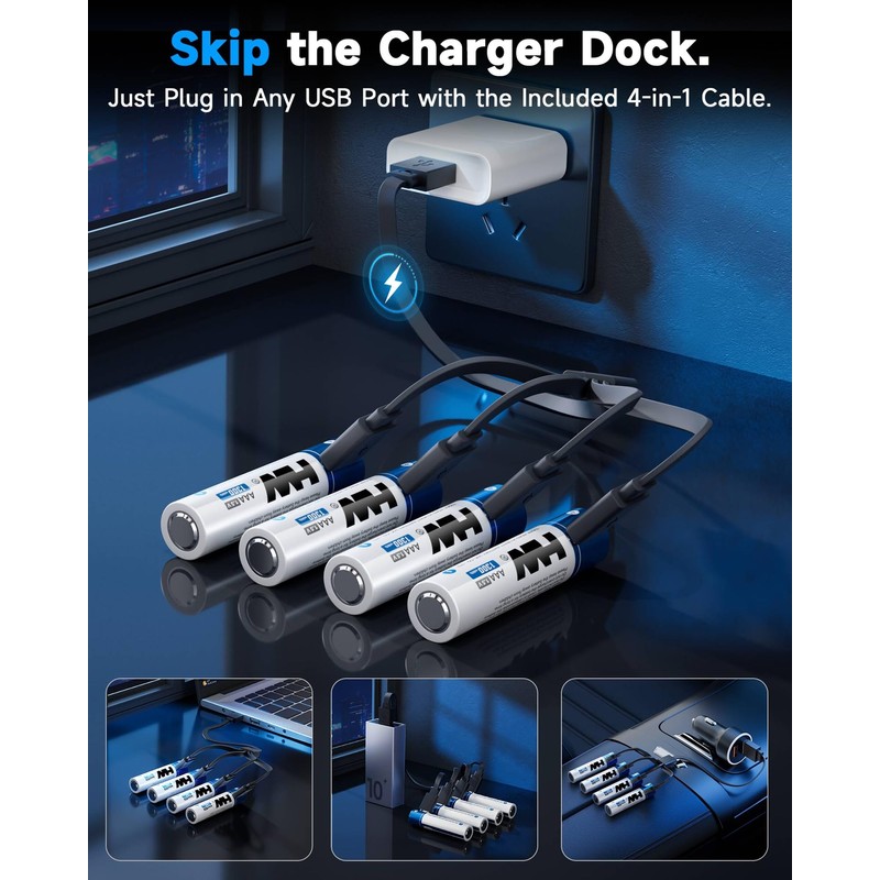 HW USB Rechargeable AAA Batteries, [1.5V, 4-Pack] 1300mWh Lithium Battery