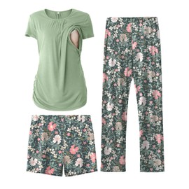 SUNNYBUY Womens Maternity Nursing Pajamas Set, Short Sleeve Breastfeeding Shirts，Pregnancy Shorts & Pants 3 Piece Nursing PJS, Green&Floral Bottoms L