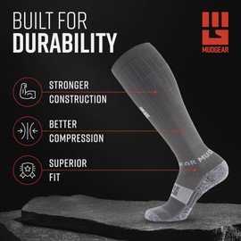 MudGear Compression Socks for Trail Running, Recovery, Travel, and Outdoor Adventures – Graduated, Durable, Sweat-Resistant, Boot Height, Small, Gray/Black