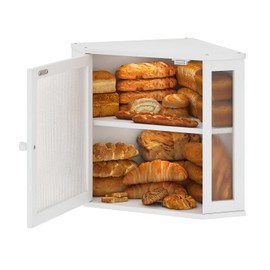 Furshus Corner Bread Box for Kitchen Countertop,Bread Storage for Homemade Bread, Double Layer Large Bamboo Kitchen Storage Bin with Window (White, Medium)