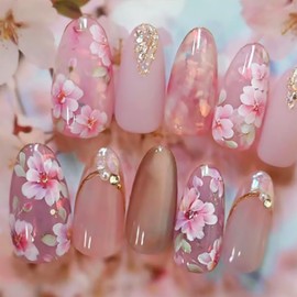 24Pcs Cherry Blossom Press on Nails Medium Almond French Tip Fake Nails with Gilding Pearl Design Pink Flower False Nails Full Cover Artificial Glue on Nails Cute Stick on Nails for Women Spring Nail