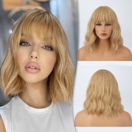 BARSDAR Short Bob Wigs with Fringe, 35 cm Women Short Blonde Wigs with Fringe Curly Wavy Synthetic Shoulder Length Wigs Free Wigs Natural Girls Party (Blonde Mixed)