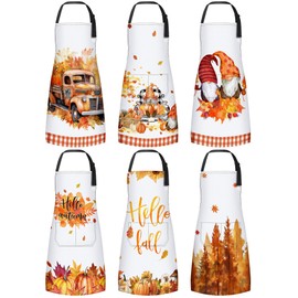 Bencailor 6 Pcs Fall Thanksgiving Aprons with Pockets Waterproof Autumn Kitchen Aprons Baking Cooking gifts for Women(Bright Color,Maple Pumpkin Gnome)