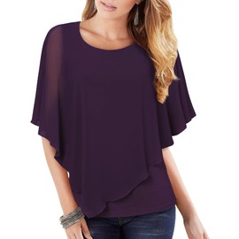 Vafoly Women's Chiffon Loose Batwing Blouse with Short Flutter Sleeves Lightweight Flowing Blouse Crew Neck Double Layer Poncho Tunics, dark purple