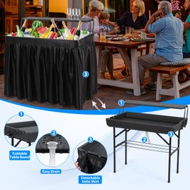 Nice C 4 ft Folding Ice Table, Party Cooler, Cooler Table, Tables with Drain, Party Tables, with Matching Skirt, Storage Shelf (Black)