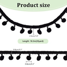 PH PandaHall 20 Yards/ 18.3m Pom Pom Trim Black Fringe Ball Trim Ball Fringe Ribbon, Garment Ball Ribbon Sewing Tassel Lace for Home Party Decor Clothes Dress DIY Crafts Sewing, 8mm Ball