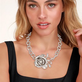 Ever Faith Big Flower Choker Necklace, Silver Metal Vintage Flower Necklaces Boho Vacation Party Chunky Bib Statement Necklace Fashion Costume Jewelry for Women