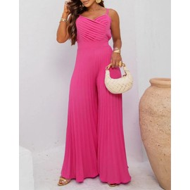 CHICME Jumpsuit for Women Summer Dressy Pleated V Neck Spaghetti Strap Jumpsuit Casual Waist Wide Leg Hot Pink Overalls-S