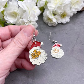 Father Christmas Enamel Charm Earrings, Red and White Santa Claus Charms on Nickel Free Silver Tone Hooks : 52mm long, Fun Stocking Filler Gift for Women