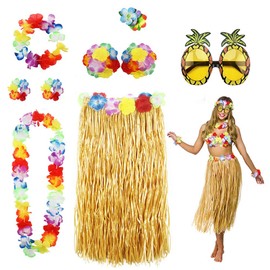 Pack of 8 Hawaiian Hula Grass Skirt Set with Necklace Bracelets for Party Fancy Dress and Tropical Beach for Adults Unisex Headband Flower Bra Hair Clip and Pineapple Sunglasses Party Decoration