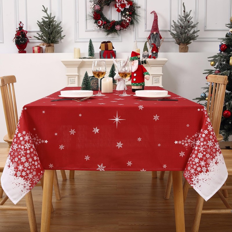 ROYGROW Square Christmas Tablecloth 52x52 with Tree Decorations, Red Snowflake