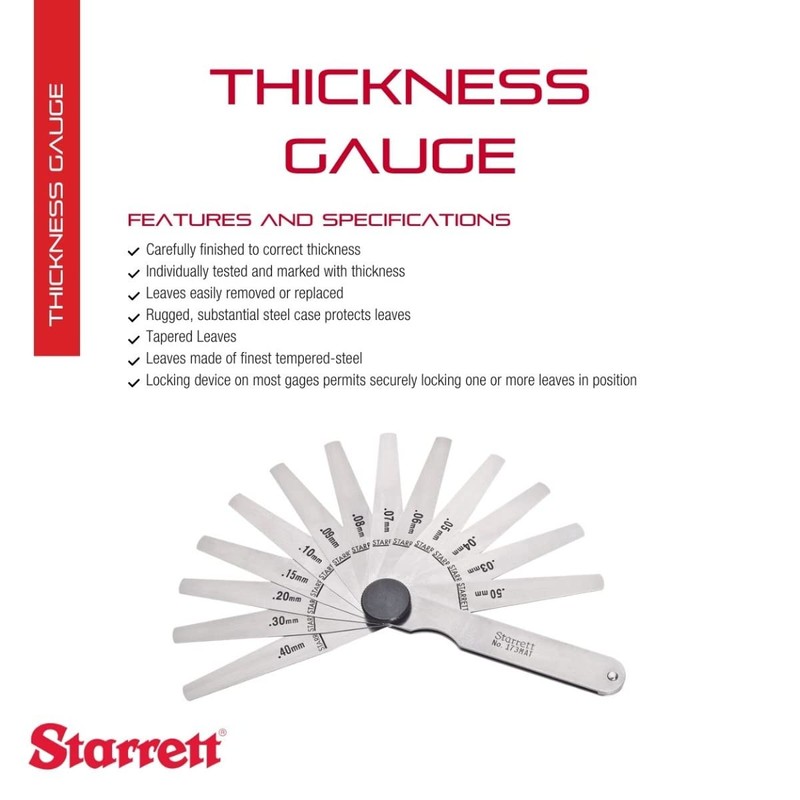 Starrett 173MAT Thickness Gage Set With Tapered Leaves, 0.03-0.50 mm