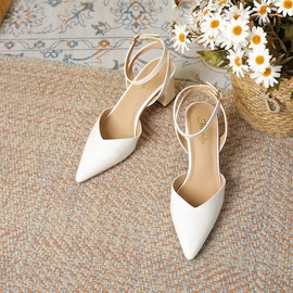 LETCLOCOM Women's Leather Pointed Toe Slingback Pumps with Ankle Strap Chunky Heel Wedding Business Dressy Shoes (White,8)