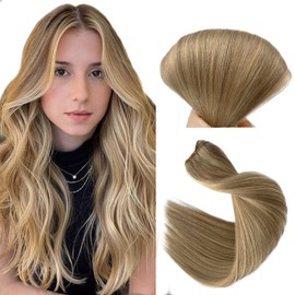 Sew in Hair Extensions Real Human Hair Balayage Bundles Golden Blonde and Light Blonde Hand Tied Weft Hair Extensions Silky Straight 80grams 12 Inch Blonde Highlights Sew in Hair Wefts