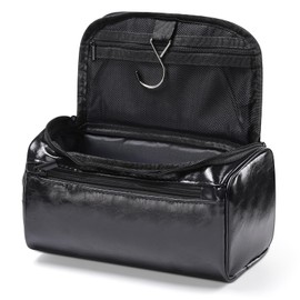 Leather Toiletry Bag, Etercycle Hanging Wash Bag PU Travel Toiletry Case Waterproof Bathroom Bag for Men and Women Travel Makeup Organizer (Jet Black)