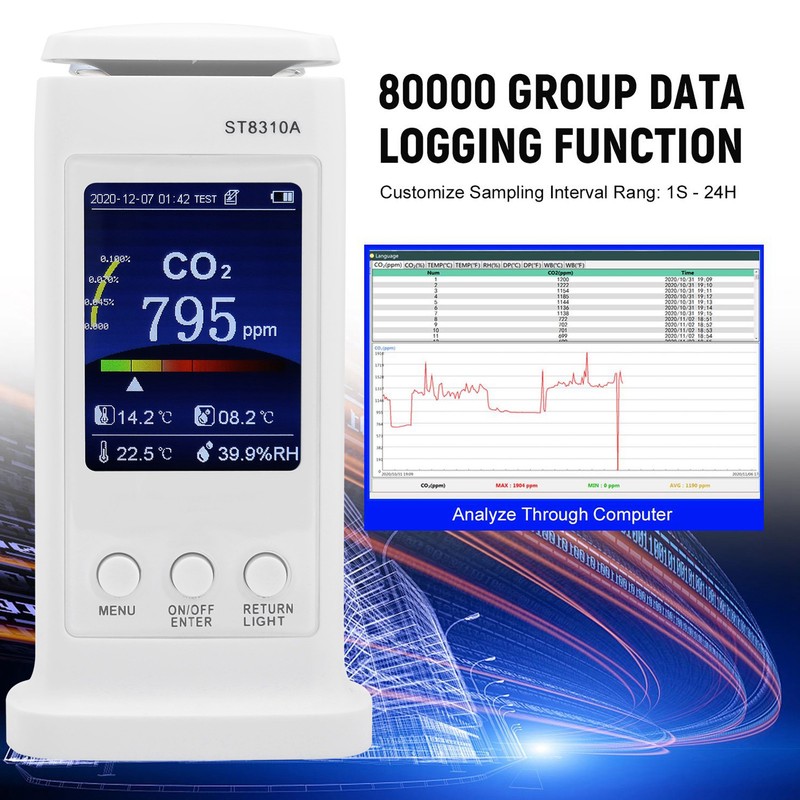 ST8310A Carbon Dioxide Tester Recorder Air Quality Detector Temperature Humidity