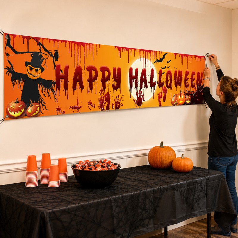 Happy Halloween Hanging Banner – 250cm Pumpkin and Bloody Handprint