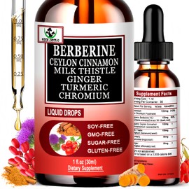 Berberine Drops, High Absorption 6-in-1 Liquid Berberine Supplement with Ceylon Cinnamon Milk Thistle Turmeric, Premium Berberine HCl for Immune Function Metabolic & Digestive Support, 30 Servings