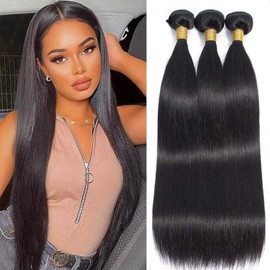 Human Hair Bundles 12A Brazilian Straight Human Hair Bundles 100% Unprocessed Remy Straight Weave Bundles Human Hair Double Weft Hair Bundles 295-300g Total Natural Color 20 22 24 Inch