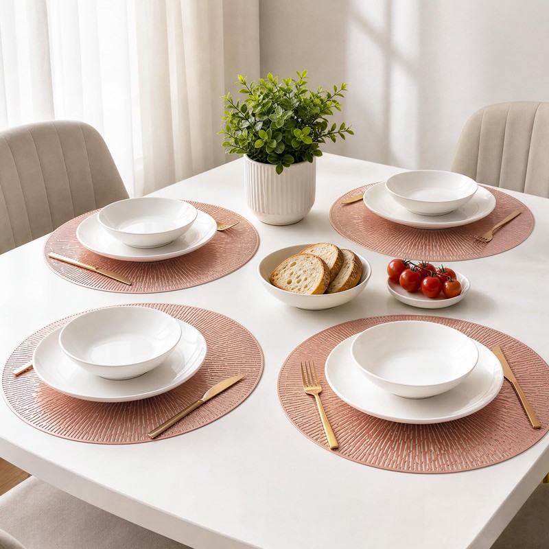 Komforbaa 4 Pcs Round Placemats,Vinyl Metallic Hollow Placemat,Rose Gold