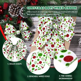 Hanaive 20 Yards Christmas Polka Dot Ribbon Xmas Wired Ribbon Christmas Tree Ribbons Decoration Green Red Polka Dot Printed Christmas Ribbons DIY Decorative for Wreaths Gifts Wrapping (1.5 Inches)