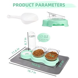 WRINGKIT Cat Food Water Bowl, Triple Cat Bowls with Mat and Scoop, 15° Tilted Raised Cat Bowl Dishes with Automatic Water Bottle, Pet Feeding Bowls for Cat, Small Dogs, Wet, Dry Food