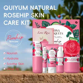 QUIYUM Rose Hip Skin Care Set, 7-Piece Face Care Set for Women and Teenagers, with Cleansing Gel, Toner, Serum, Eye Cream, Moisturiser, Face Soap and Headband