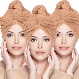 Glamza Microfibre Towel Super Absorbent Twist Turban Hair Wrap with Buttons for Quick Hair Drying 3 Pack (Large) - Nude